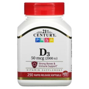 Thực phẩm chức năng 21st Century Vitamin D3 50 mcg (2.000 IU) 250 Softgels 740985274163