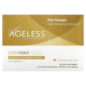 Thực phẩm chức năng Ageless Foundation Laboratories UltraMax Gold Advanced Rejuvenation Formula with Alphatrophin Valencia Orange 22 Packets 0.61 oz (17.4 g) Each 691546001103