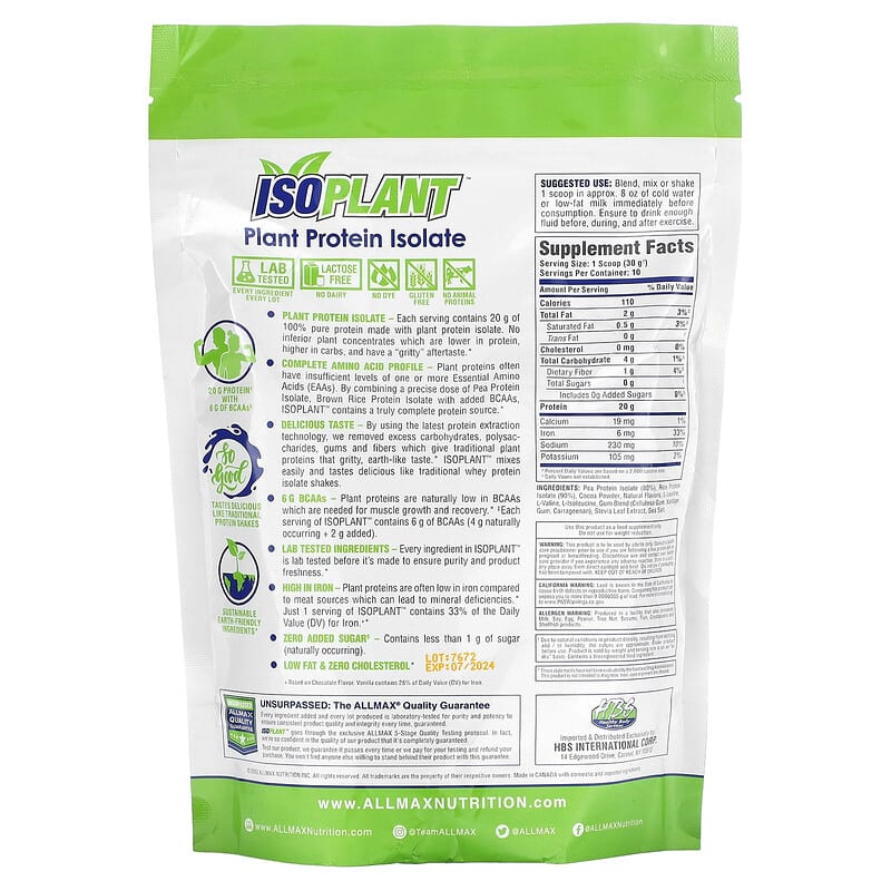 ALLMAX Isoplant Plant Protein Isolate Chocolate 10.6 oz (300 g) 2 Thực phẩm bổ sung ALLMAX Isoplant Plant Protein Isolate Chocolate 10.6 oz (300 g) 665553229591
