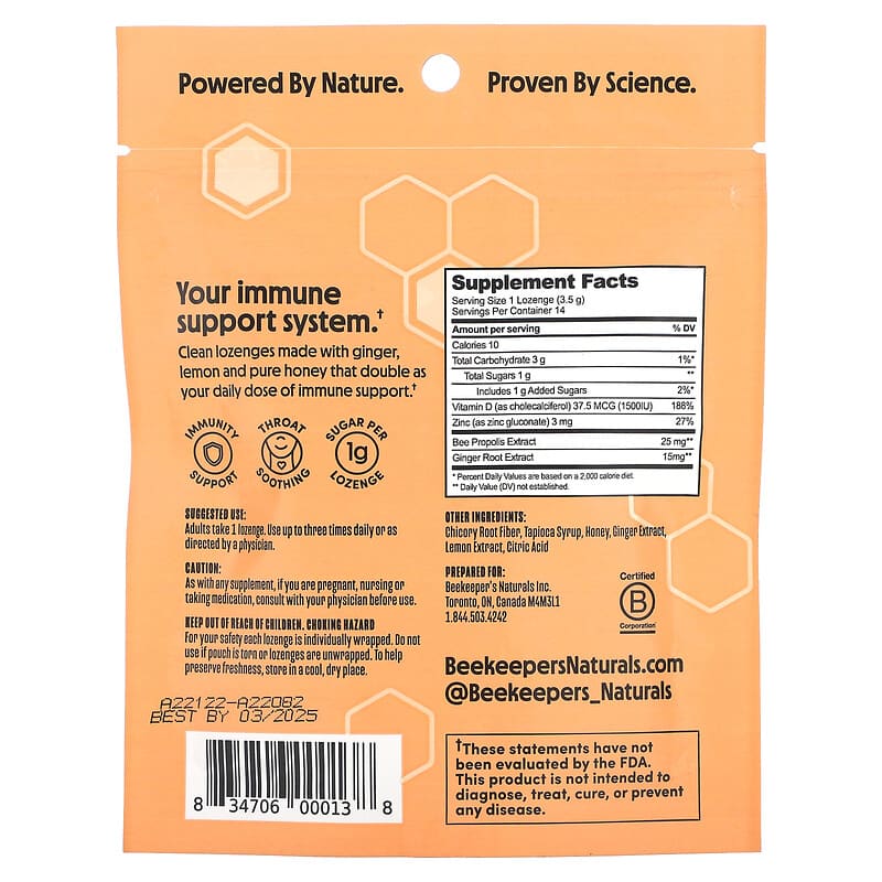 Beekeeper's Naturals B.Soothed Ginger Lemon Lozenges 14 Lozenges 2 Thực phẩm bổ sung Beekeeper's Naturals B.Soothed Ginger Lemon Lozenges 14 Lozenges 834706000138