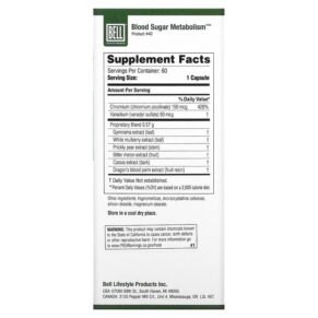 Thực phẩm bổ sung Bell Lifestyle Blood Sugar Metabolism 60 Veggie Capsules 771733110174