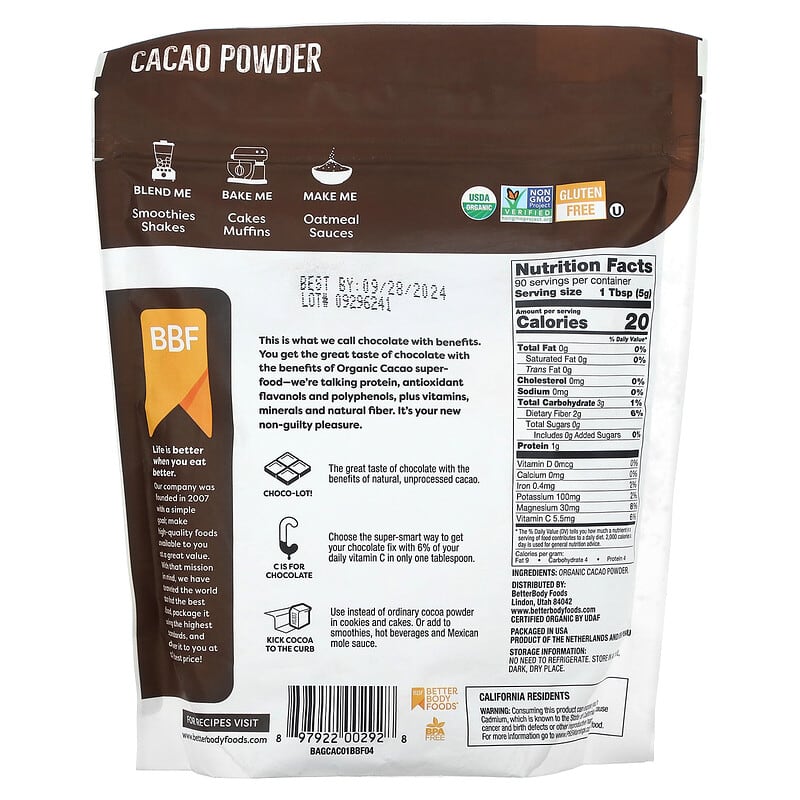 BetterBody Foods Organic Cacao Powder 1 lb (454 g) 2 Thực phẩm bổ sung BetterBody Foods Organic Cacao Powder 1 lb (454 g) 897922002928