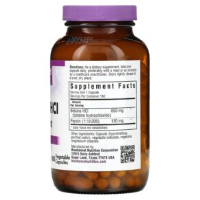 Thực phẩm bổ sung Bluebonnet Nutrition Betaine HCL & Pepsin 180 Vegetable Capsules 743715008977