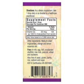 Thực phẩm bổ sung Bluebonnet Nutrition Liquid Vitamin D3 Drops Citrus 25 mcg (1.000 IU) 1 fl oz (30 ml) 743715003743