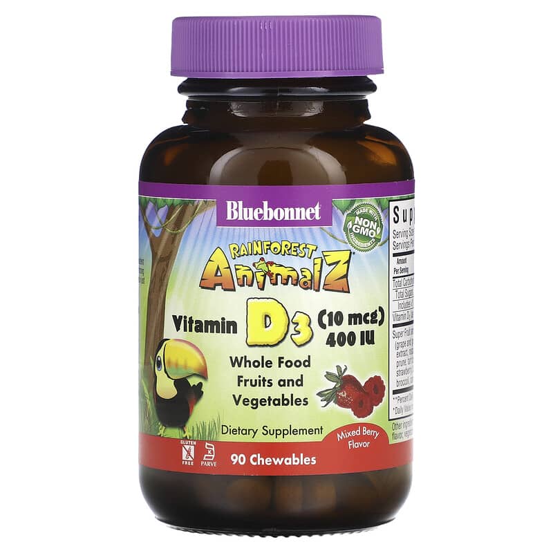 Bluebonnet Nutrition Rainforest Animalz Vitamin D3 Mixed Berry 400 IU 90 Chewables 8 Thực phẩm chức năng Bluebonnet Nutrition Rainforest Animalz Vitamin D3 Mixed Berry 400 IU 90 Chewables 743715001947