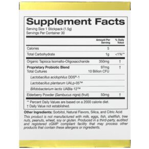 Thực phẩm bổ sung California Gold Nutrition Adult Pre-Probiotics 10 Billion CFU + Elderberry Natural Strawberry & Melon Flavor 30 Packets 0.05 oz (1.5 g) Each 898220018543