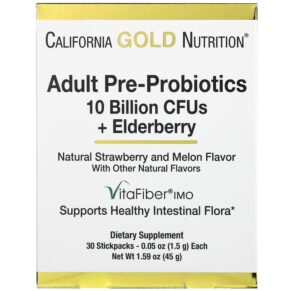 Thực phẩm chức năng California Gold Nutrition Adult Pre-Probiotics 10 Billion CFU + Elderberry Natural Strawberry & Melon Flavor 30 Packets 0.05 oz (1.5 g) Each 898220018543