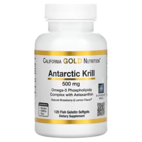 Thực phẩm chức năng California Gold Nutrition Antarctic Krill Oil Omega-3 Phospholipids Complex with Astaxanthin Natural Strawberry and Lemon Flavor 500 mg 120 Fish Gelatin Softgels 898220011018