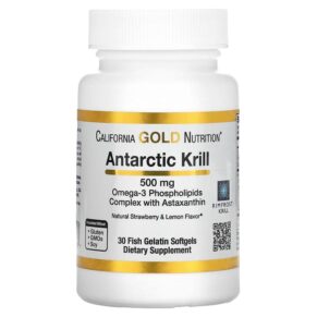 Thực phẩm chức năng California Gold Nutrition Antarctic Krill Oil Omega-3 Phospholipids Complex with Astaxanthin Natural Strawberry and Lemon Flavor 500 mg 30 Fish Gelatin Softgels 898220011001