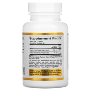 Thực phẩm bổ sung California Gold Nutrition Buffered Gold C GOLD Standard Sodium Ascorbate (Vitamin C) 750 mg 60 Veggie Capsules 898220012367