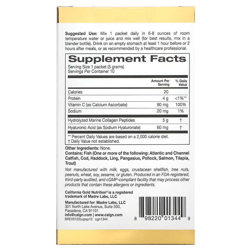 California Gold Nutrition CollagenUP Hydrolyzed Marine Collagen Peptides with Hyaluronic Acid and Vitamin C Unflavored 10 Packets 0.18 oz (5.16 g) Each 2 Thực phẩm bổ sung California Gold Nutrition CollagenUP Hydrolyzed Marine Collagen Peptides with Hyaluronic Acid and Vitamin C Unflavored 10 Packets 0.18 oz (5.16 g) Each 898220013449