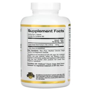 Thực phẩm bổ sung California Gold Nutrition French Grape Seed Extract VitaFlavan 100 mg 360 Veggie Capsules 898220017379