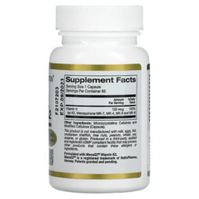 Thực phẩm bổ sung California Gold Nutrition Full Spectrum Vitamin K2 120 mcg 60 Veggie Capsules 898220012992