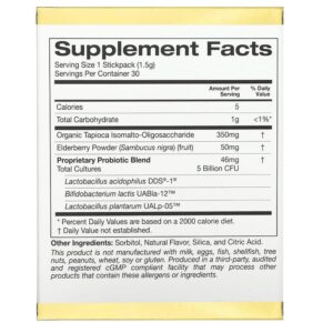 Thực phẩm bổ sung California Gold Nutrition Kids Pre-Probiotic Pixies 5 Billion CFUs + Elderberry Natural Blueberry Flavor 30 Packets 0.05 oz (1.5 g) Each 898220018536