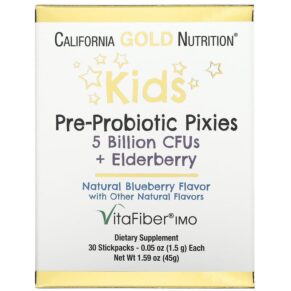 Thực phẩm chức năng California Gold Nutrition Kids Pre-Probiotic Pixies 5 Billion CFUs + Elderberry Natural Blueberry Flavor 30 Packets 0.05 oz (1.5 g) Each 898220018536