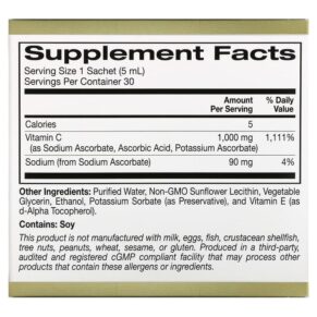 Thực phẩm bổ sung California Gold Nutrition Liposomal Liquid Vitamin C Unflavored 1000 mg 30 Sachets 0.17 fl oz (5 ml) Each 898220019991
