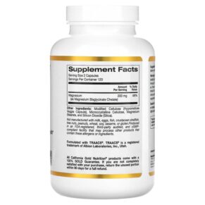 Thực phẩm bổ sung California Gold Nutrition Magnesium Bisglycinate Formulated with TRAACS® 200 mg 240 Veggie Capsules 898220019021