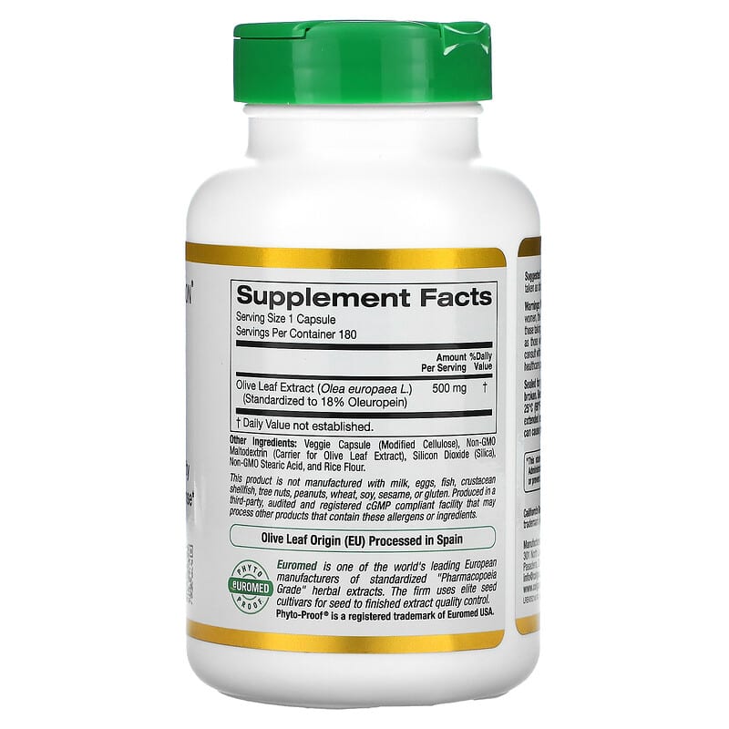 California Gold Nutrition Olive Leaf Extract EuroHerbs European Quality 500 mg 180 Veggie Capsules 2 Thực phẩm bổ sung California Gold Nutrition Olive Leaf Extract EuroHerbs European Quality 500 mg 180 Veggie Capsules 898220012824
