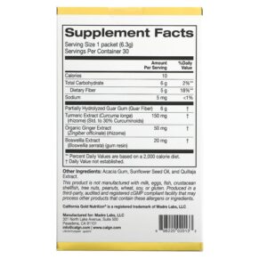 Thực phẩm bổ sung California Gold Nutrition Prebiotic Fiber Plus Turmeric Ginger & Boswellia 30 Packets 0.22 oz (6.3 g) Each 898220020133