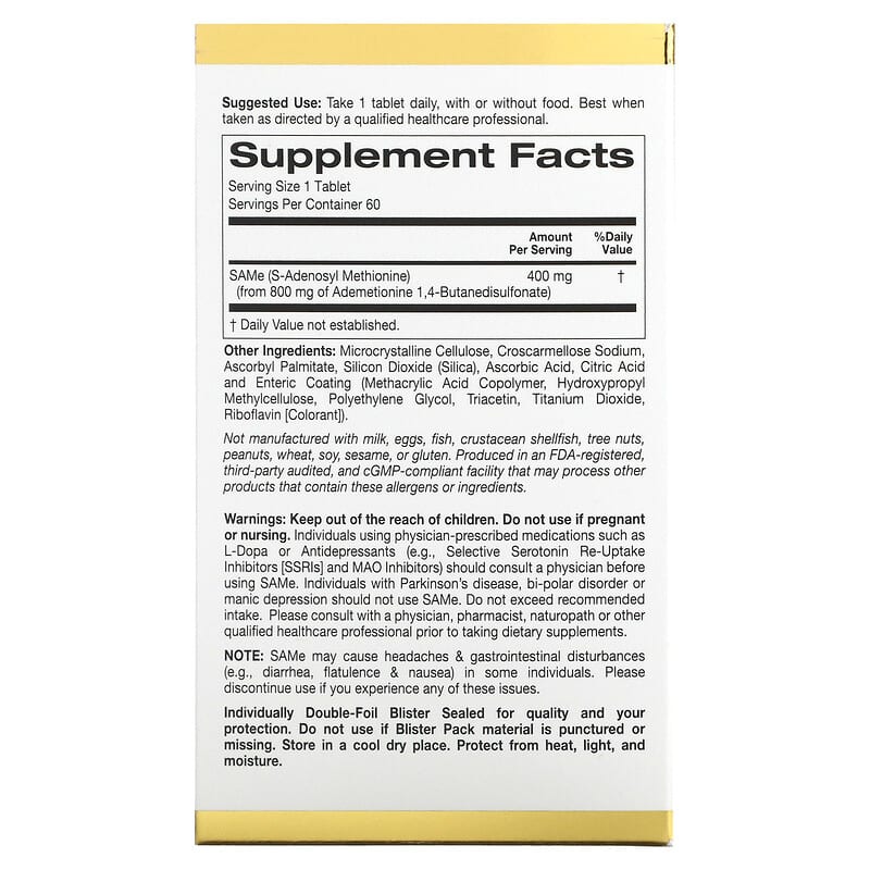 California Gold Nutrition SAMe (Butanedisulfonate) 400 mg 60 Enteric Coated Tablets 2 Thực phẩm bổ sung California Gold Nutrition SAMe (Butanedisulfonate) 400 mg 60 Enteric Coated Tablets 898220011773