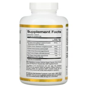 Thực phẩm bổ sung California Gold Nutrition Silymarin Complex Milk Thistle Extract Plus Dandelion Artichoke Curcumin C3 Complex Ginger and BioPerine 360 Veggie Capsules 898220013784