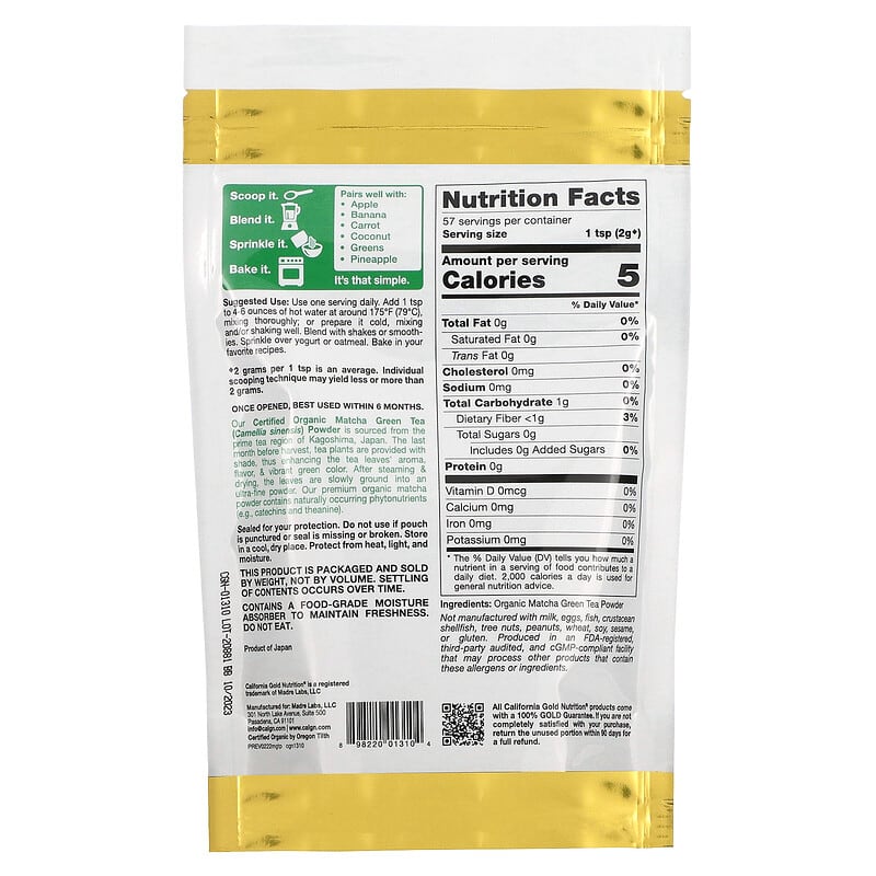 California Gold Nutrition SUPERFOOD - Organic Matcha Green Tea Powder 4 oz 2 Thực phẩm bổ sung California Gold Nutrition SUPERFOOD - Organic Matcha Green Tea Powder 4 oz 898220013104