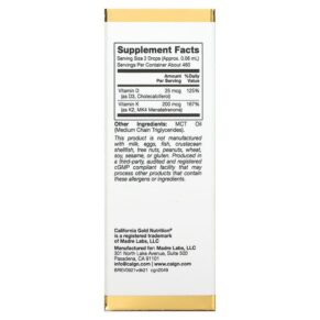 Thực phẩm bổ sung California Gold Nutrition Vitamin D3 + K2 25 mcg (1.000 IU) 1 fl oz (30 ml) 898220020492
