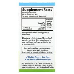 Carlson Baby's Super Daily D3 10 mcg (400 IU) 0.35 fl oz (10.3 ml) 3 Thực phẩm bổ sung Carlson Baby's Super Daily D3 10 mcg (400 IU) 0.35 fl oz (10.3 ml) 088395012501