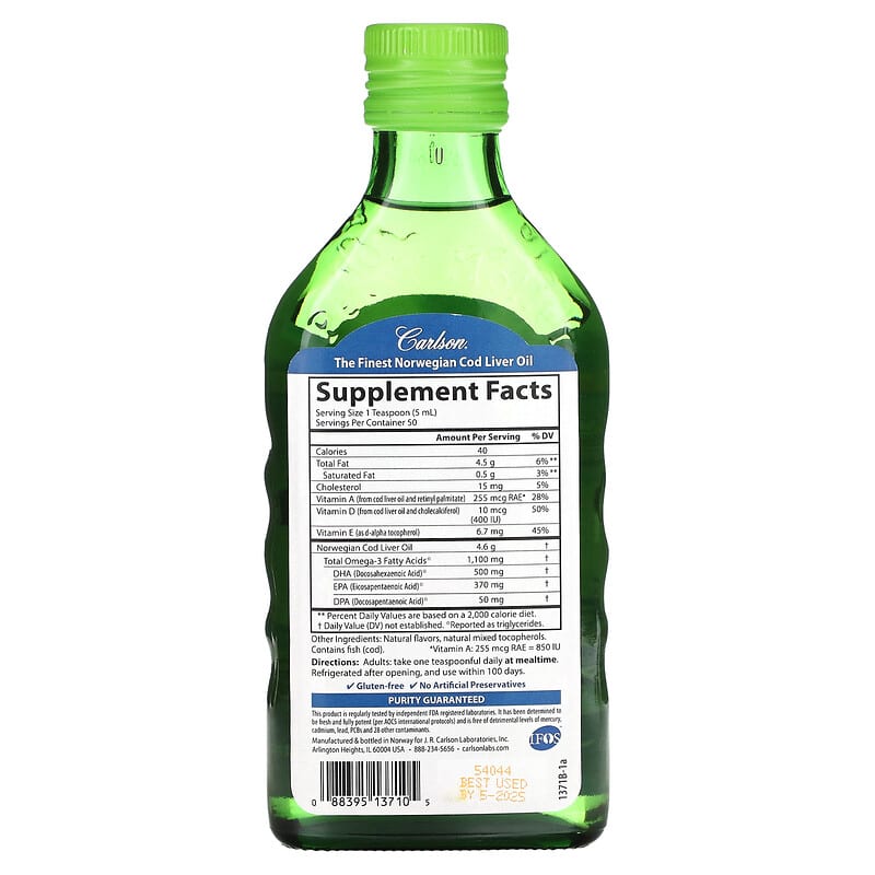 Carlson Cod Liver Oil Natural Green Apple 1.100 mg 8.4 fl oz (250 ml) 2 Thực phẩm bổ sung Carlson Cod Liver Oil Natural Green Apple 1.100 mg 8.4 fl oz (250 ml) 088395137105