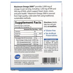 Thực phẩm bổ sung Carlson Maximum Omega 2000 Natural Lemon Flavor 1.000 mg 30 Softgels 088395600203