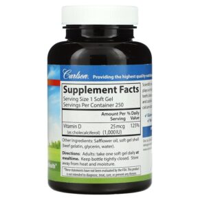 Thực phẩm bổ sung Carlson Vitamin D3 25 mcg (1.000 IU) 250 Soft Gels 088395014529
