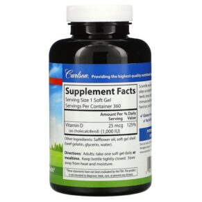 Thực phẩm bổ sung Carlson Vitamin D3 25 mcg (1.000 IU) 360 Soft Gels 088395145605