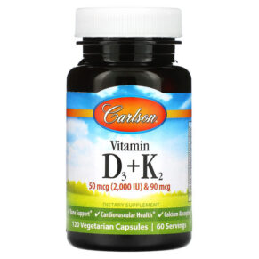 Thực phẩm chức năng Carlson Vitamin D3 + K2 50 mcg (2.000 IU) & 90 mcg 120 Vegetarian Capsules 088395106200