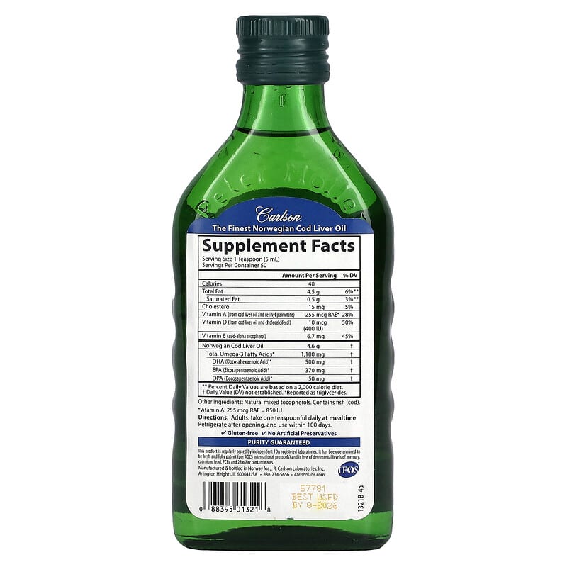 Carlson Wild Norwegian Cod Liver Oil 8.4 fl oz (250 ml) 2 Thực phẩm bổ sung Carlson Wild Norwegian Cod Liver Oil 8.4 fl oz (250 ml) 088395013218