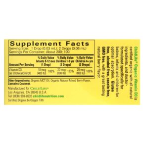 ChildLife Essentials Organic Vitamin D3 Drops Natural Berry 400 IU 0.21 fl oz (6.25 ml) 3 Thực phẩm bổ sung ChildLife Essentials Organic Vitamin D3 Drops Natural Berry 400 IU 0.21 fl oz (6.25 ml) 608274130005