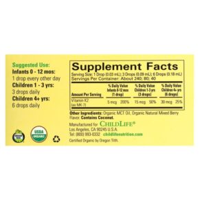 Thực phẩm bổ sung ChildLife Essentials Organic Vitamin K2 Drops Natural Berry 5 mcg 0.25 fl oz (7.5 ml) 608274145009