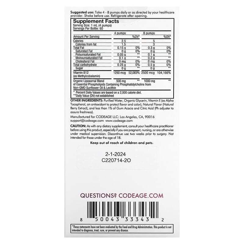 Codeage Liposomal Vitamin B12 Mixed Berry 2 fl oz (59.2 ml) 2 Thực phẩm bổ sung Codeage Liposomal Vitamin B12 Mixed Berry 2 fl oz (59.2 ml) 850043333432