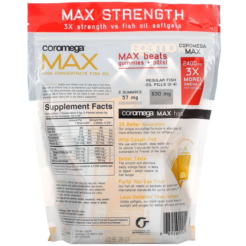 Coromega Max High Concentrate Omega-3 Fish Oil Citrus Burst 90 Squeeze Shots 2.5 g Each 2 Thực phẩm bổ sung Coromega Max High Concentrate Omega-3 Fish Oil Citrus Burst 90 Squeeze Shots 2.5 g Each 689269455600