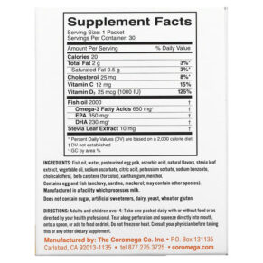 Thực phẩm bổ sung Coromega Omega-3 Squeeze Tropical Squeeze+D 30 Single Serving Packets 2.5 g Each 689269452227