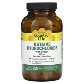 Thực phẩm chức năng Country Life Betaine Hydrochloride with Pepsin 600 mg 250 Tablets 015794051046