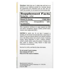 Thực phẩm bổ sung Country Life Certified Vegan D3 125 mcg (5.000 IU) 60 Vegan Softgels 015794058212