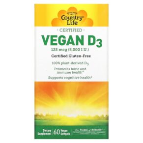 Thực phẩm chức năng Country Life Certified Vegan D3 125 mcg (5.000 IU) 60 Vegan Softgels 015794058212