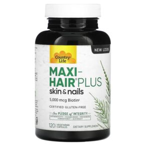 Thực phẩm chức năng Country Life Maxi-Hair Plus 1.250 mcg 120 Vegetarian Capsules 015794050452