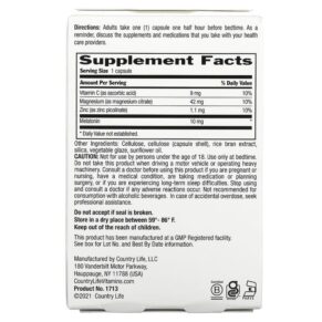 Thực phẩm bổ sung Country Life Melatonin 10 mg Magnesium Zinc & Vitamin C 60 Vegan Capsules 015794017134
