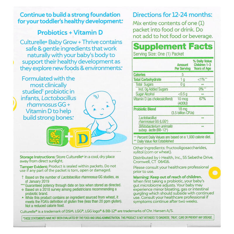 Culturelle Probiotics Baby Grow + Thrive Probiotics + Vitamin D Packets 12-24 Months Unflavored 30 Packets 2 Thực phẩm bổ sung Culturelle Probiotics Baby Grow + Thrive Probiotics + Vitamin D Packets 12-24 Months Unflavored 30 Packets 049100400549
