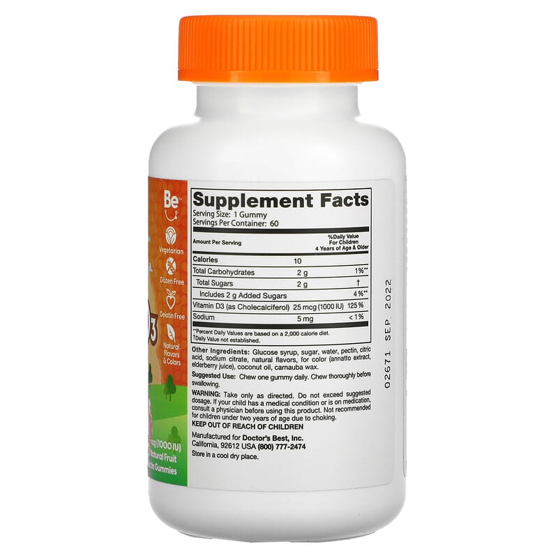 Doctor's Best Doc's Kids Vitamin D3 Gummies All Natural Fruit 25 mcg (1.000 IU) 60 Natural Fruit Pectin Gummies 2 Thực phẩm bổ sung Doctor's Best Doc's Kids Vitamin D3 Gummies All Natural Fruit 25 mcg (1.000 IU) 60 Natural Fruit Pectin Gummies 753950005464