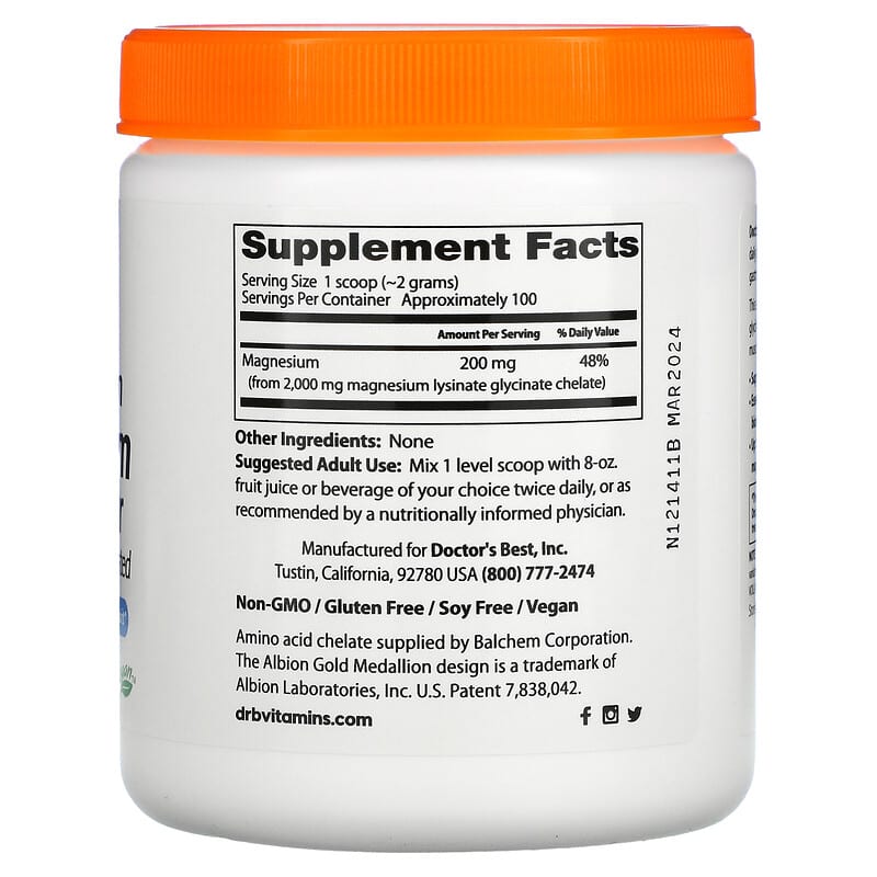 Doctor's Best High Absorption Magnesium Powder 7.1 oz (200 g) 2 Thực phẩm bổ sung Doctor's Best High Absorption Magnesium Powder 7.1 oz (200 g) 753950004085