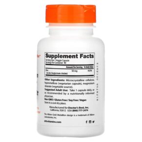Thực phẩm bổ sung Doctor's Best High Absorption Zinc Bisglycinate 100% Chelated 50 mg 90 Veggie Caps 753950005730
