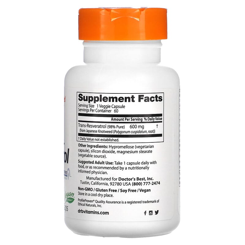 Doctor's Best High Potency Trans-Resveratrol 600 600 mg 60 Veggie Caps 2 Thực phẩm bổ sung Doctor's Best High Potency Trans-Resveratrol 600 600 mg 60 Veggie Caps 753950004160