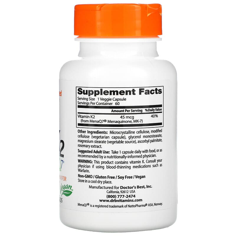 Doctor's Best Natural Vitamin K2 MK-7 with MenaQ7 45 mcg 60 Veggie Caps 2 Thực phẩm bổ sung Doctor's Best Natural Vitamin K2 MK-7 with MenaQ7 45 mcg 60 Veggie Caps 753950001985